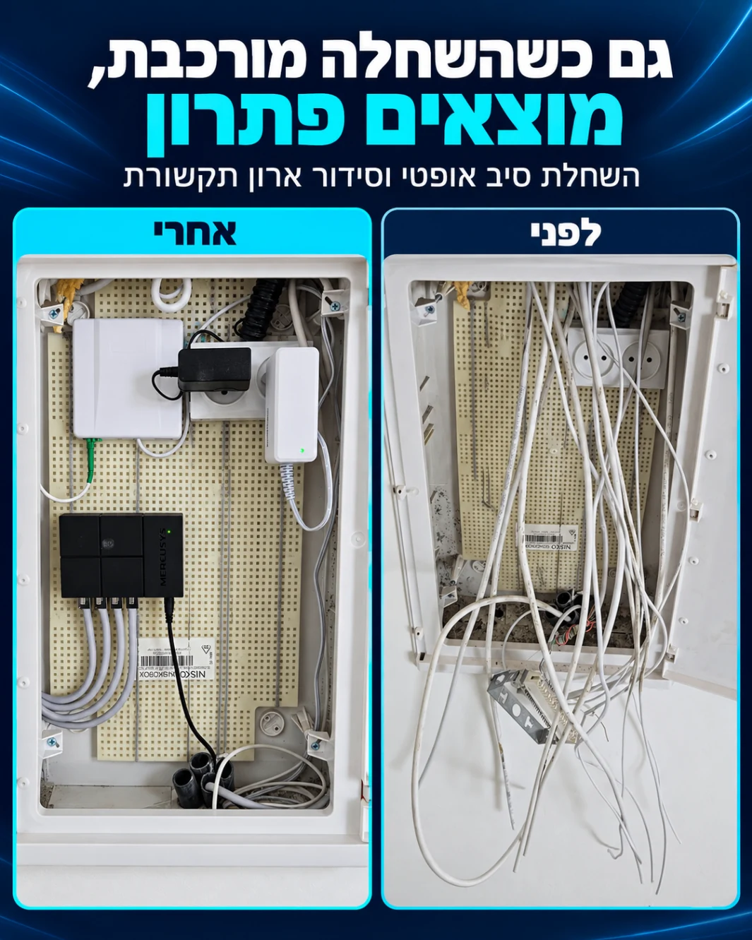 השחלת סיב אופטי וסידור ארון תקשורת